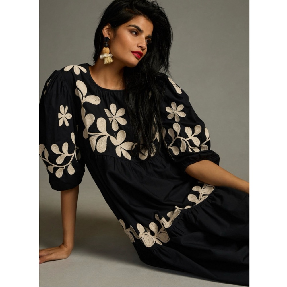 Anthropologie Embroidered Puff-Sleeve Midi Dress Cotton Bohemian Summer XXS